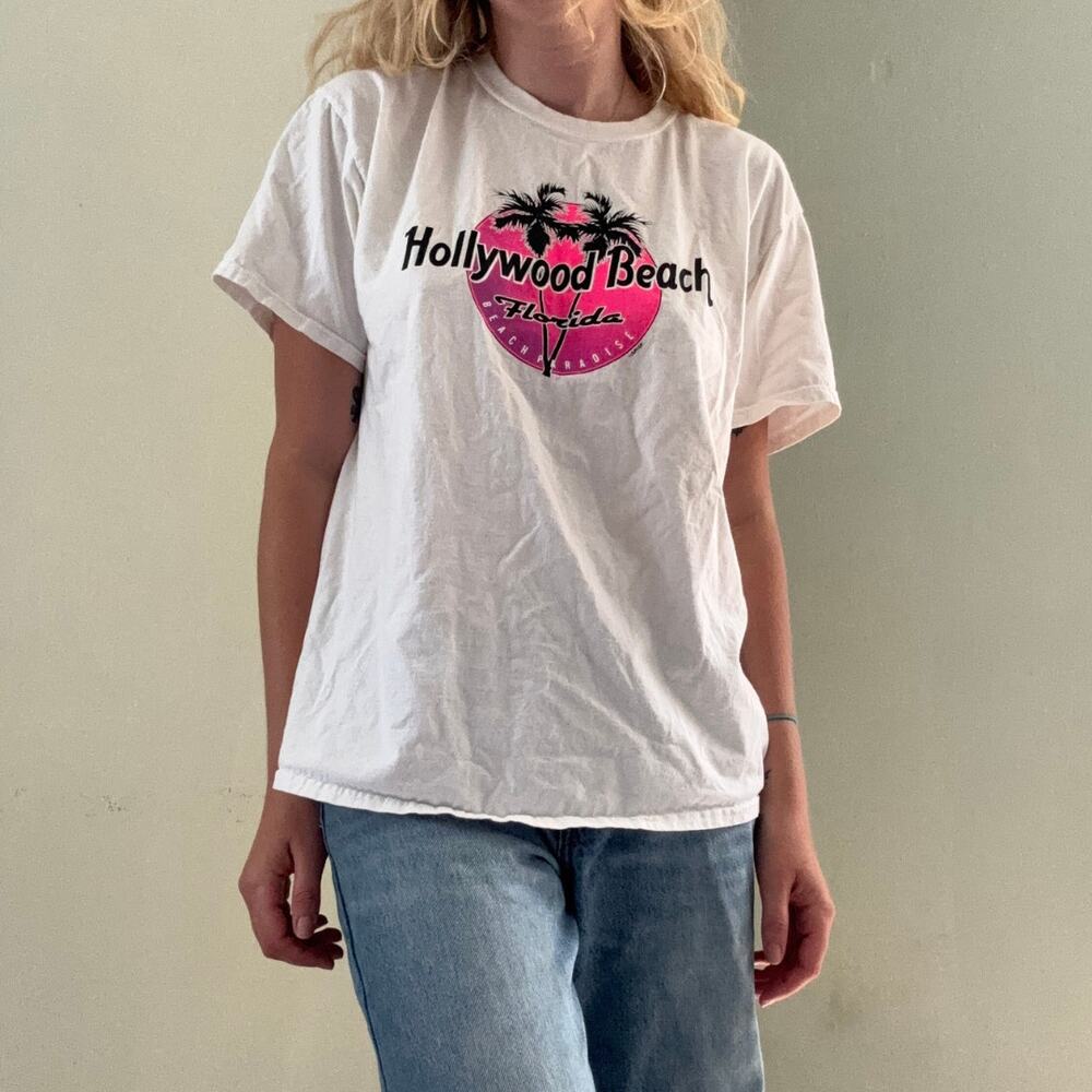 Vintage Y2k Hollywood Beach Florida Tourist T Shirt White Neon Pink Size Large